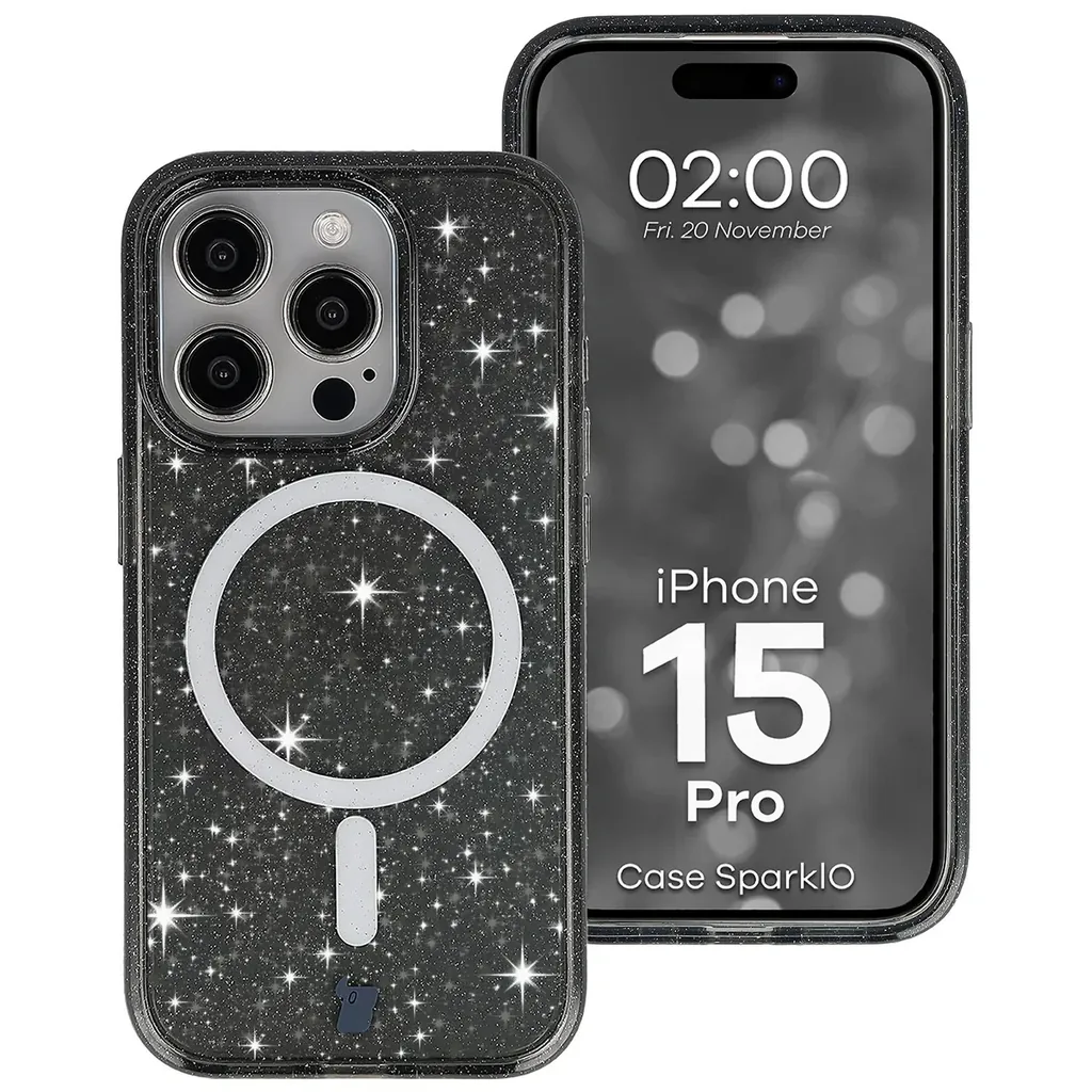 Kryt Bizon Case SparklO Magnetic Apple iPhone 15 Pro, transparent-black with glitter