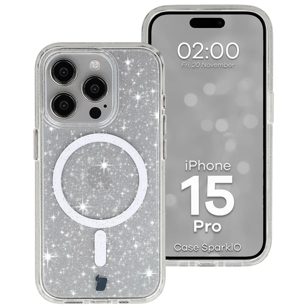 Kryt Bizon Case SparklO Magnetic Apple iPhone 15 Pro, transparent with glitter