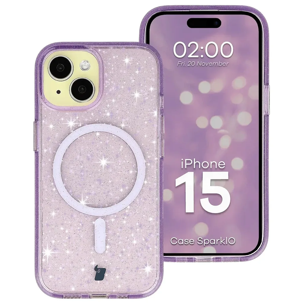 Kryt Bizon Case SparklO Magnetic Apple iPhone 15, translucent-purple with glitter