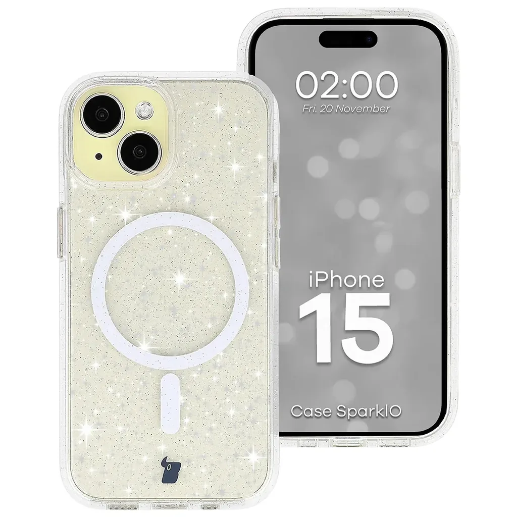 Kryt Bizon Case SparklO Magnetic Apple iPhone 15, transparent with glitter