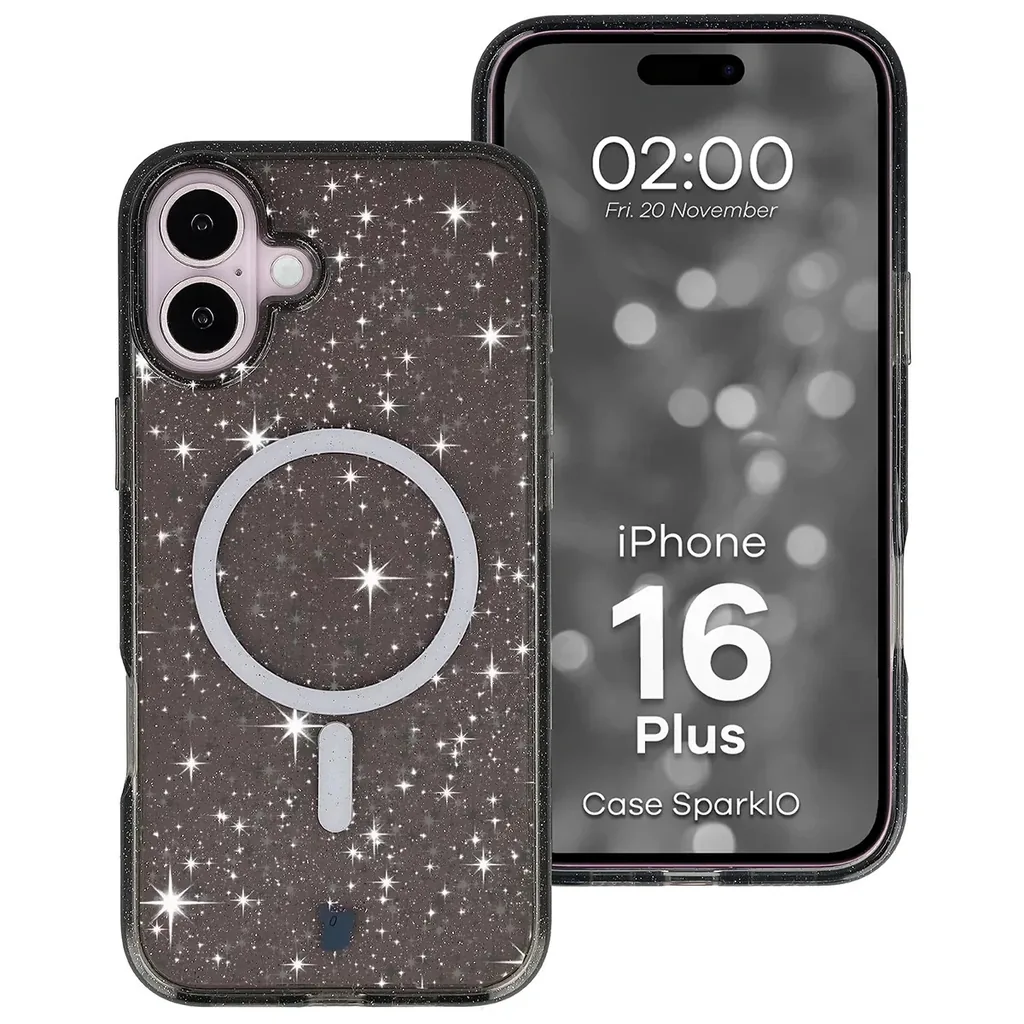 Kryt Bizon Case SparklO Magnetic Apple iPhone 16 Plus, transparent-black with glitter