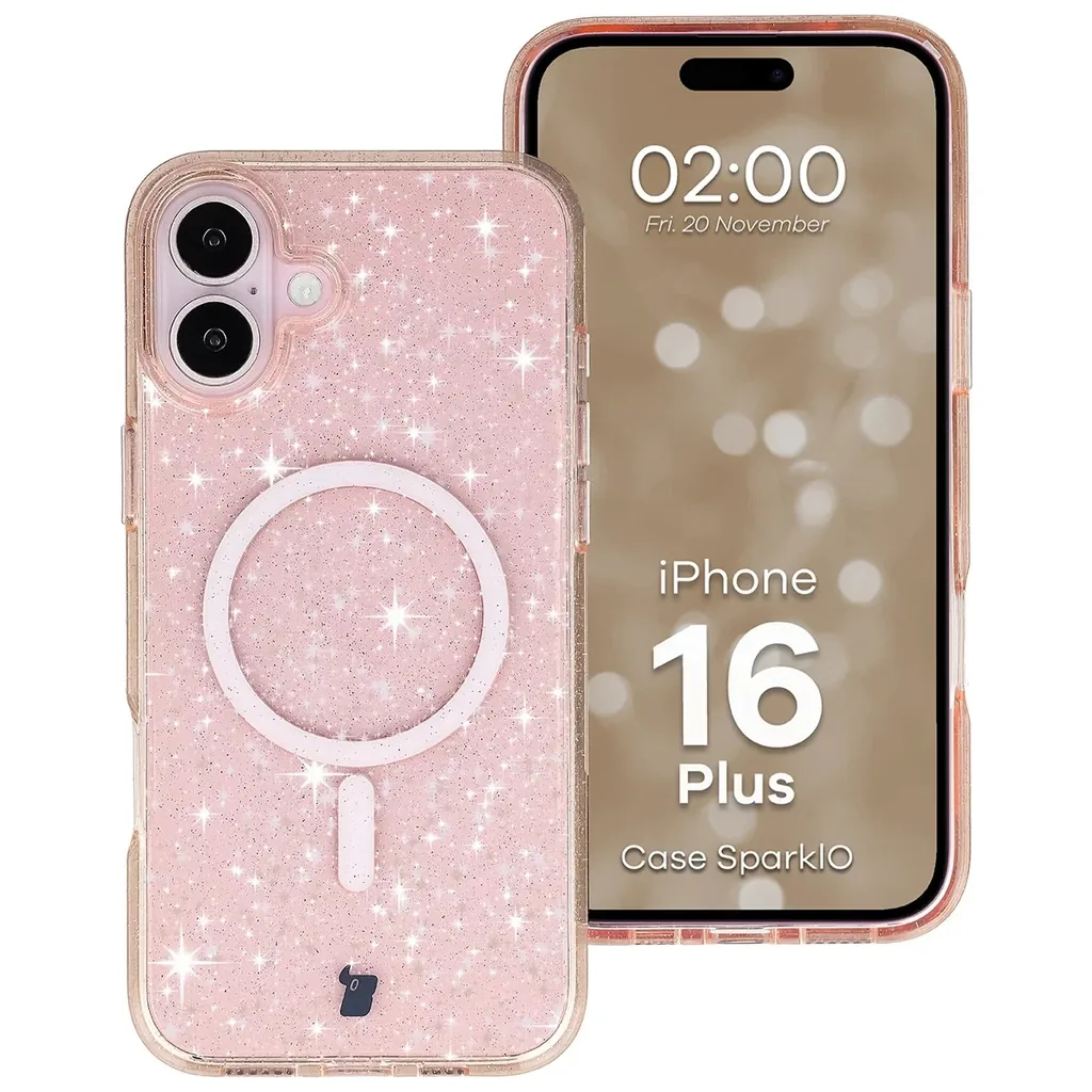 Kryt Bizon Case SparklO Magnetic Apple iPhone 16 Plus, transparent light orange with glitter