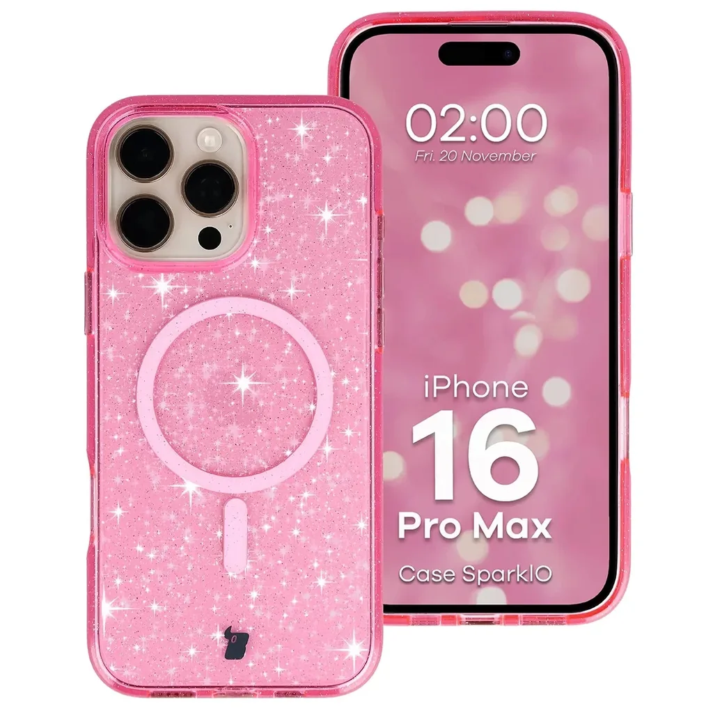 Kryt Bizon Case SparklO Magnetic Apple iPhone 16 Pro Max, translucent-pink with glitter