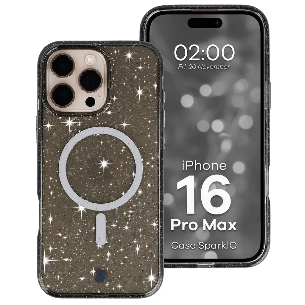 Kryt Bizon Case SparklO Magnetic Apple iPhone 16 Pro Max, transparent-black with glitter