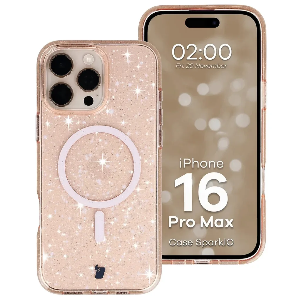 Kryt Bizon Case SparklO Magnetic Apple iPhone 16 Pro Max, transparent light orange with glitter