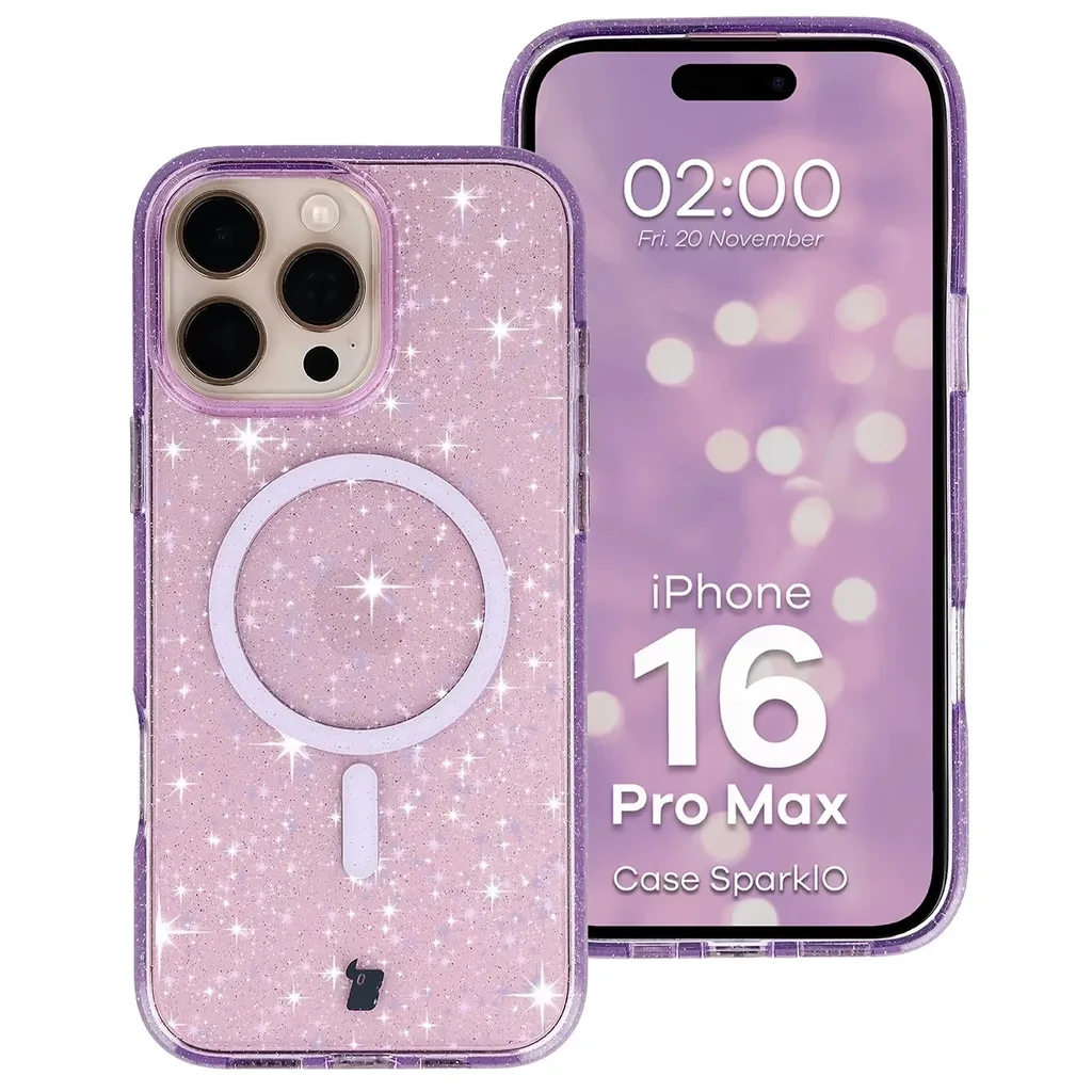 Kryt Bizon Case SparklO Magnetic Apple iPhone 16 Pro Max, transparent purple with glitter