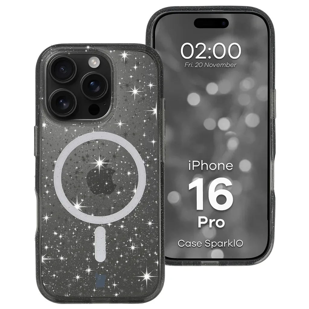 Kryt Bizon Case SparklO Magnetic Apple iPhone 16 Pro, transparent-black with glitter