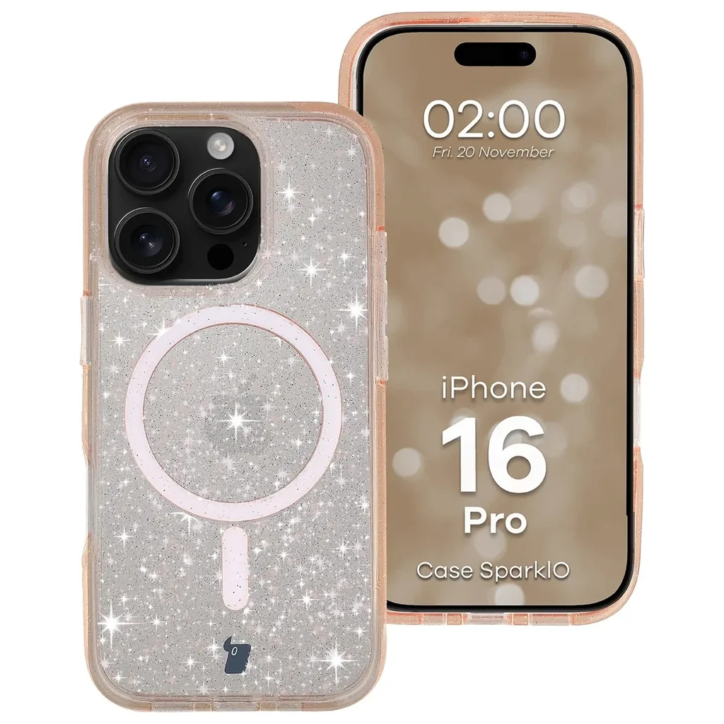 Kryt Bizon Case SparklO Magnetic Apple iPhone 16 Pro, transparent light orange with glitter