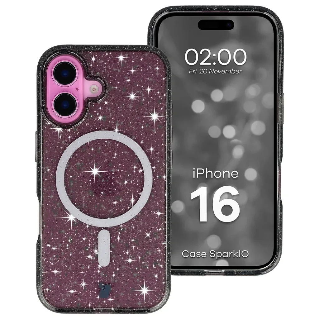 Kryt Bizon Case SparklO Magnetic Apple iPhone 16, transparent-black with glitter