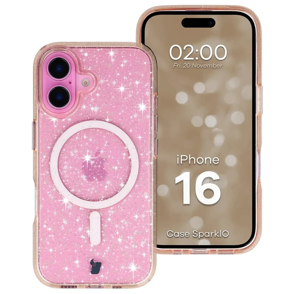 Kryt Bizon Case SparklO Magnetic Apple iPhone 16, transparent light orange with glitter