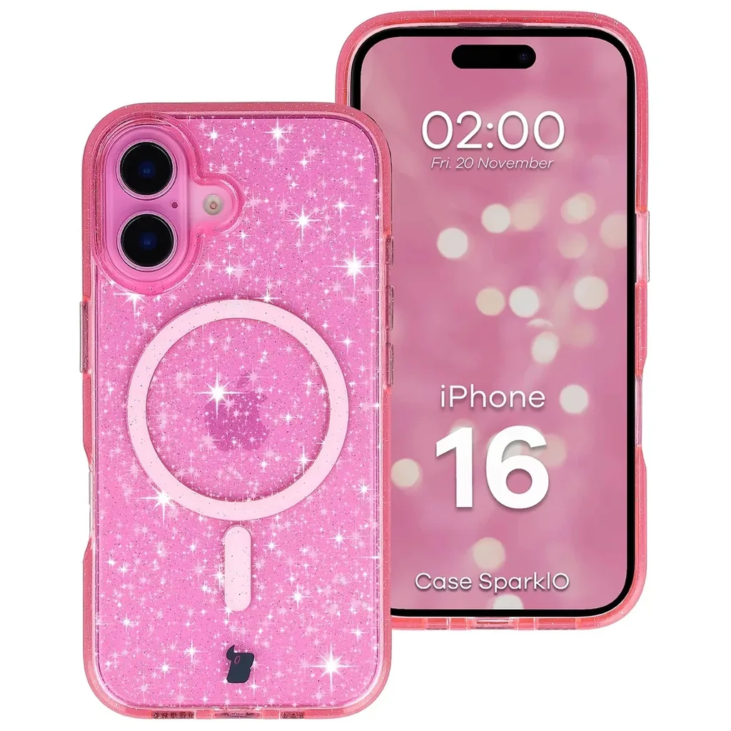 Kryt Bizon Case SparklO Magnetic Apple iPhone 16, transparent-pink with glitter