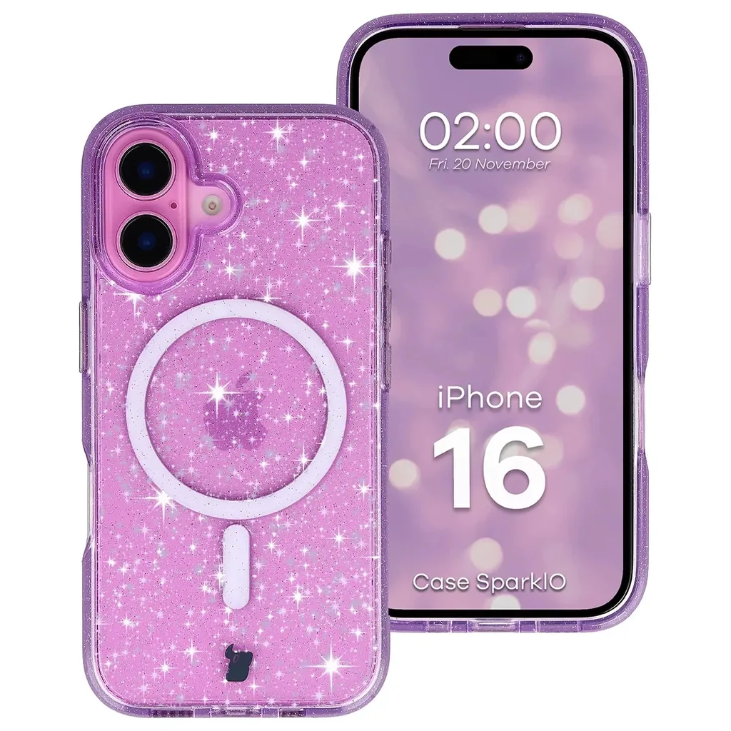 Kryt Bizon Case SparklO Magnetic Apple iPhone 16, transparent-purple with glitter