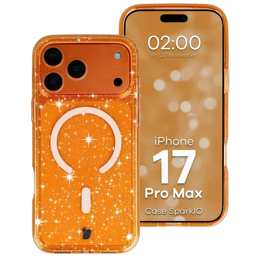 Kryt Bizon Case SparklO Magnetic Apple iPhone 17 Pro Max, translucent-orange with glitter