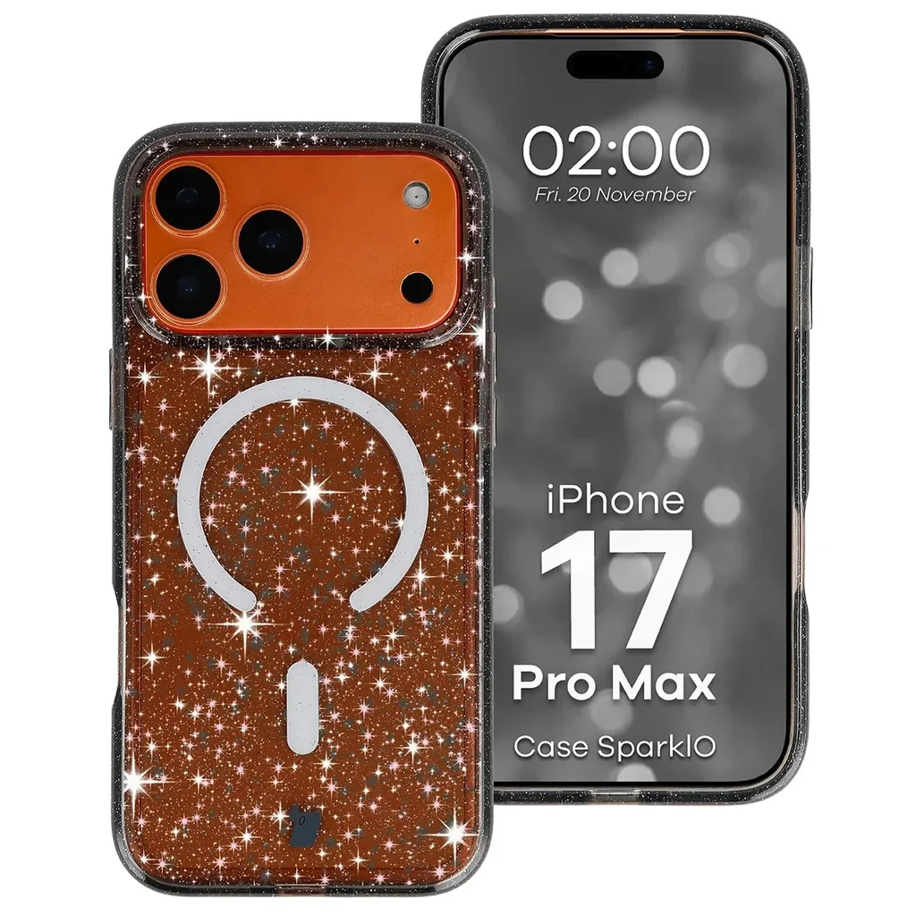 Kryt Bizon Case SparklO Magnetic Apple iPhone 17 Pro Max, transparent-black with glitter