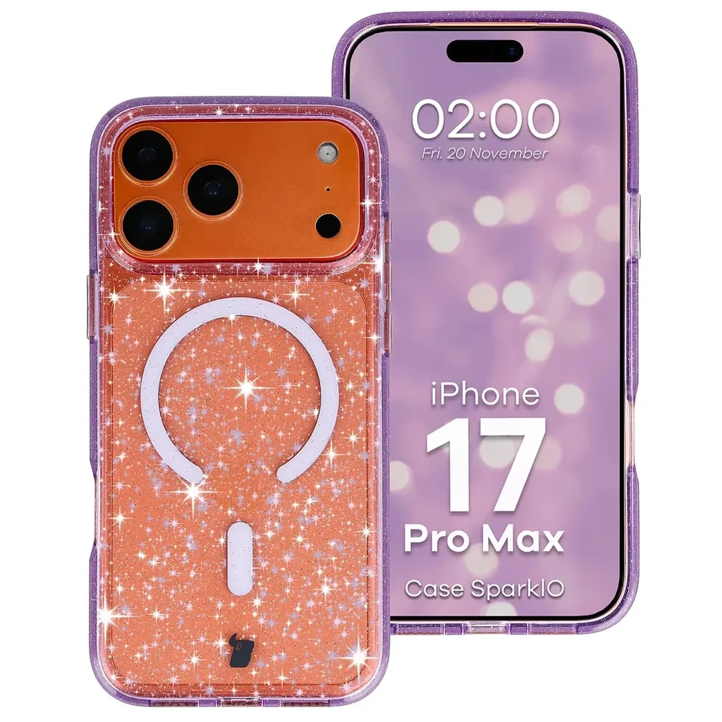 Kryt Bizon Case SparklO Magnetic Apple iPhone 17 Pro Max, transparent-purple with glitter