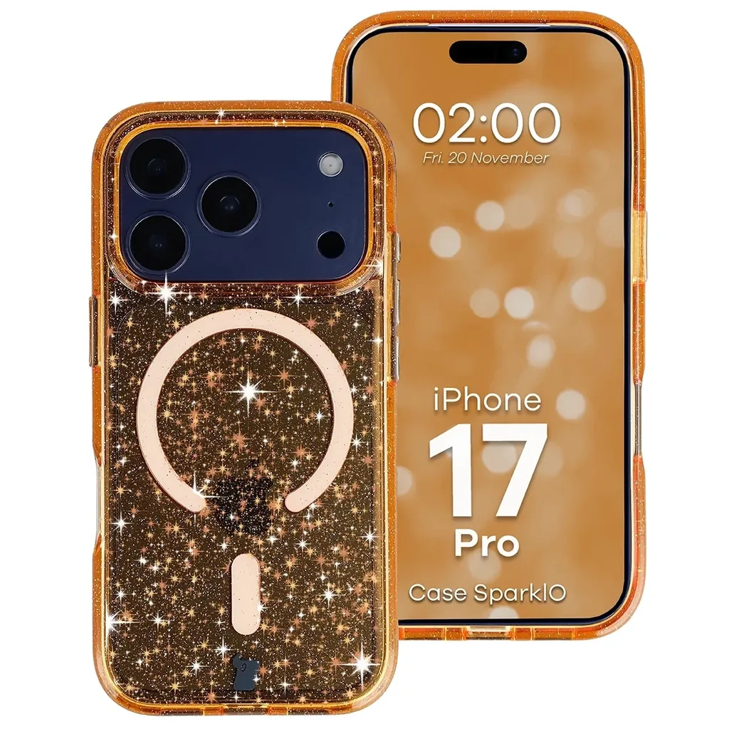 Kryt Bizon Case SparklO Magnetic Apple iPhone 17 Pro, translucent-orange with glitter