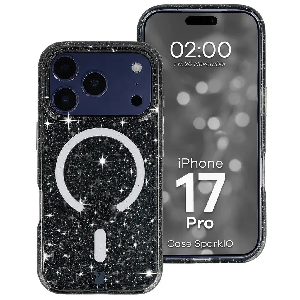 Kryt Bizon Case SparklO Magnetic Apple iPhone 17 Pro, transparent-black with glitter