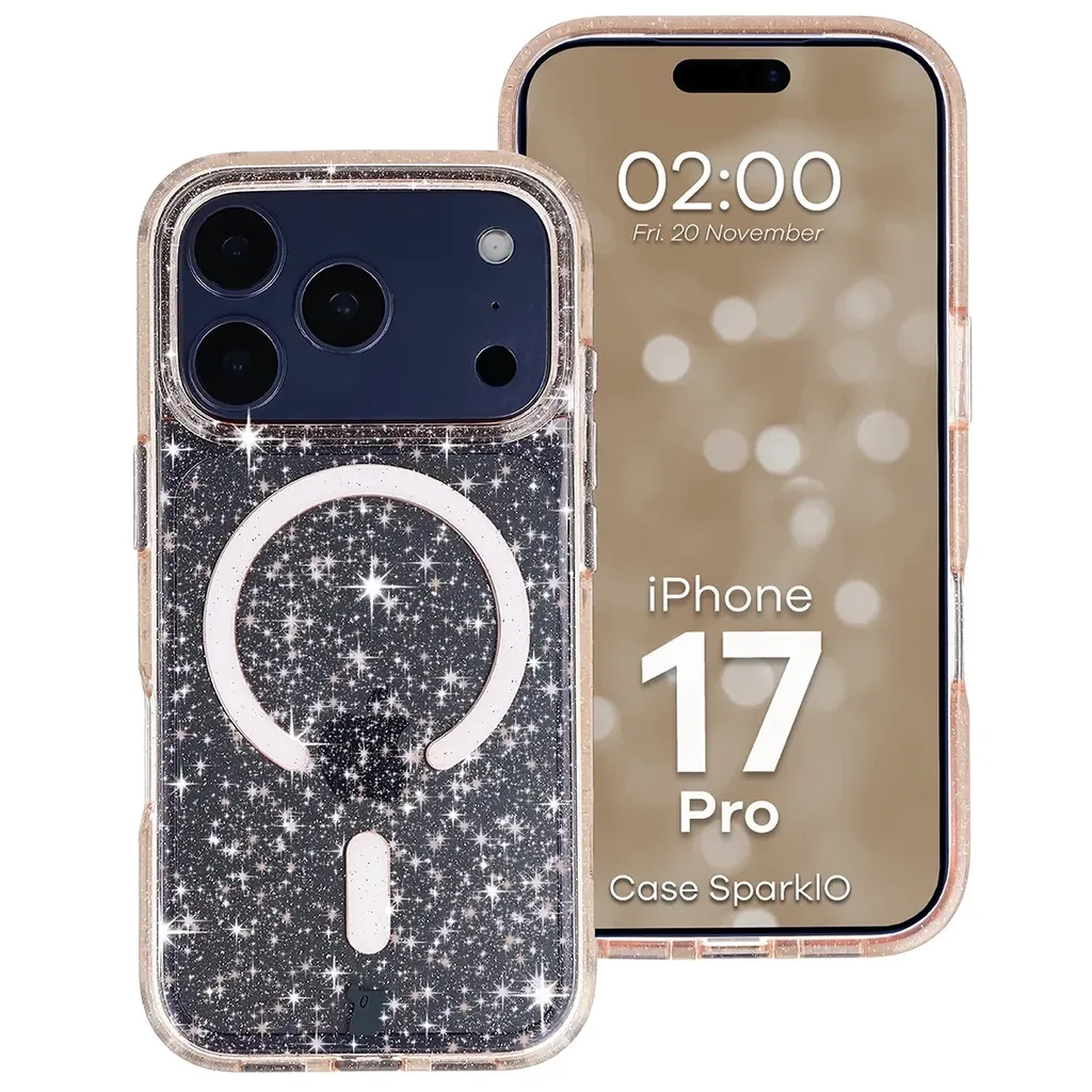 Kryt Bizon Case SparklO Magnetic Apple iPhone 17 Pro, transparent light orange with glitter