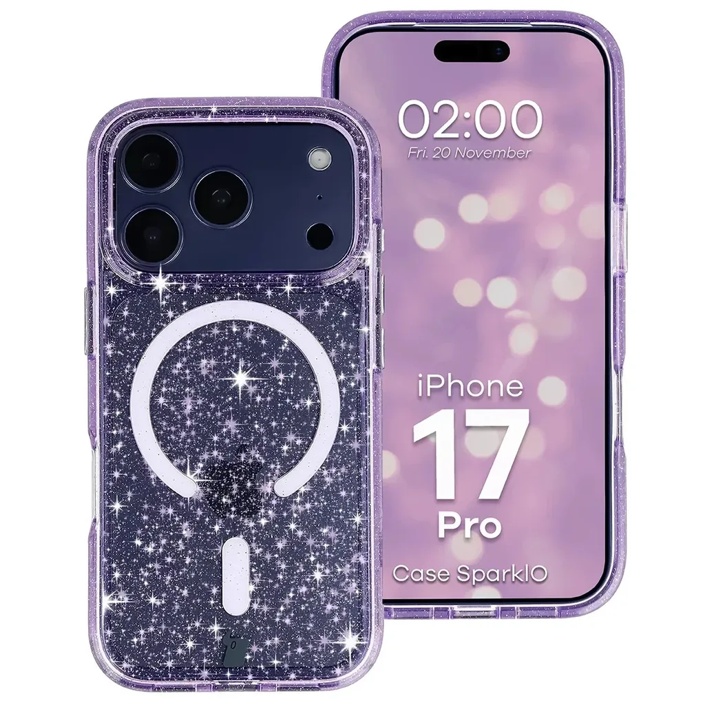 Kryt Bizon Case SparklO Magnetic Apple iPhone 17 Pro, transparent-purple with glitter