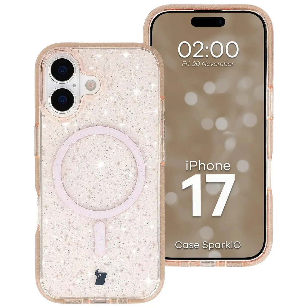 Kryt Bizon Case SparklO Magnetic Apple iPhone 17, transparent orange with glitter