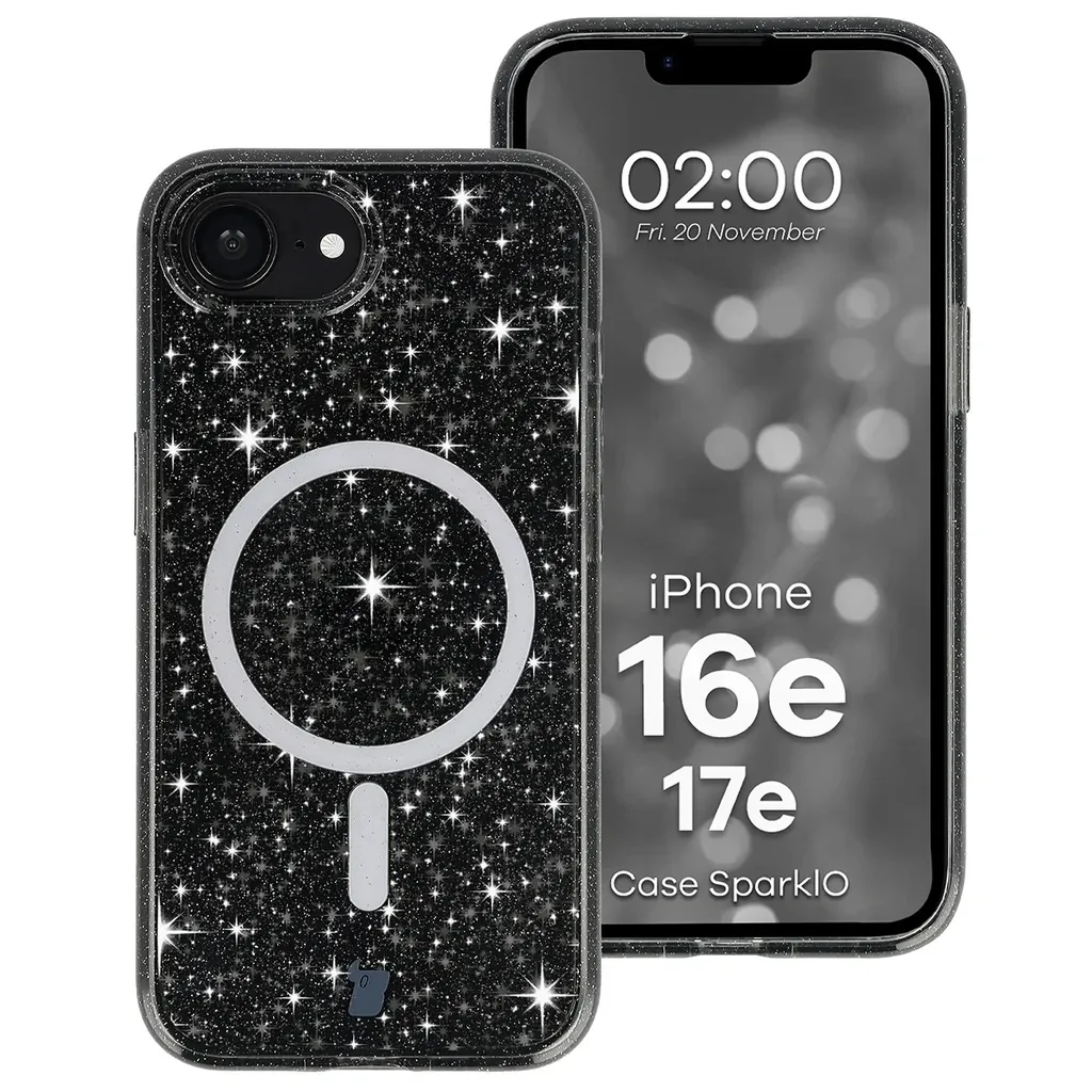 Kryt Bizon Case SparklO Magnetic Apple iPhone 17e / 16e, transparent-black with glitter
