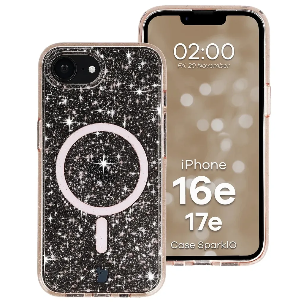 Kryt Bizon Case SparklO Magnetic Apple iPhone 17e / 16e, transparent light orange with glitter