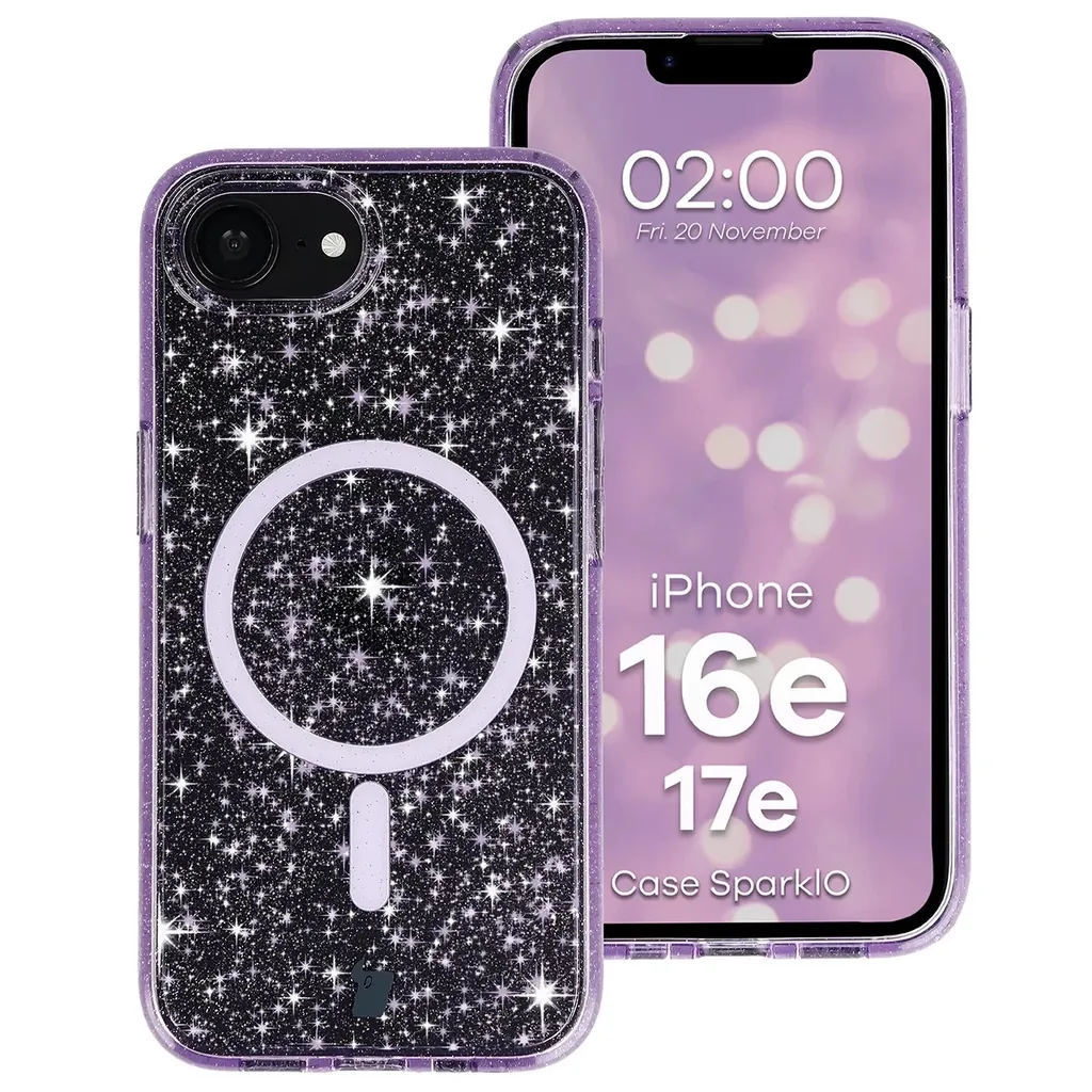 Kryt Bizon Case SparklO Magnetic Apple iPhone 17e / 16e, transparent-purple with glitter