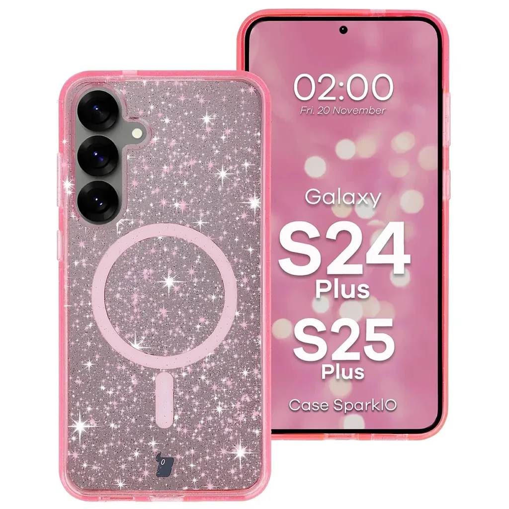 Kryt Bizon Case SparklO Magnetic Samsung Galaxy S25+ Plus / S24+ Plus, translucent-pink with glitter