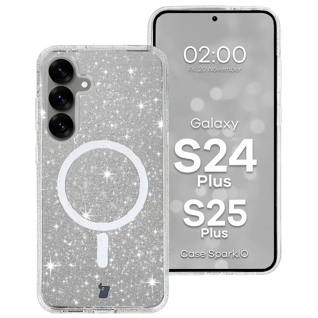 Kryt Bizon Case SparklO Magnetic Samsung Galaxy S25+ Plus / S24+ Plus, transparent with glitter