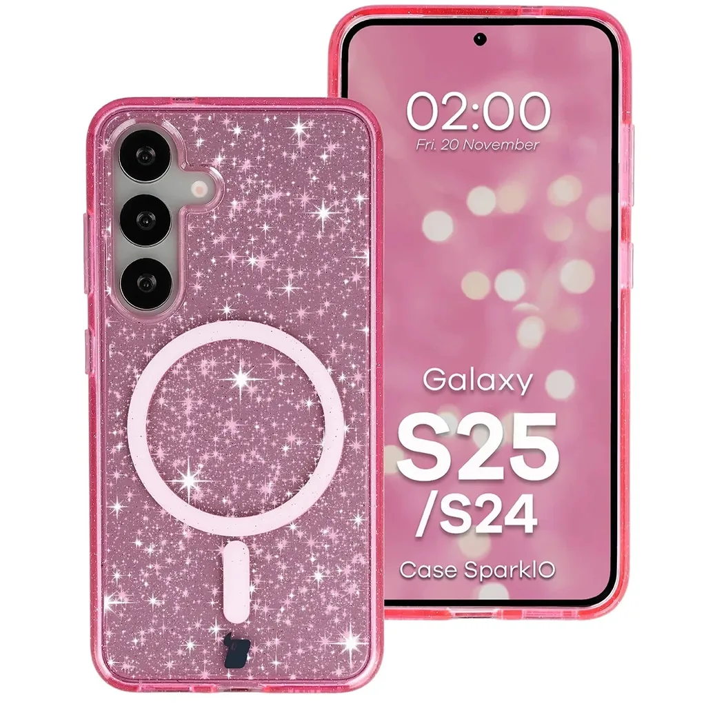 Kryt Bizon Case SparklO Magnetic Samsung Galaxy S25 / S24, transparent-pink with glitter