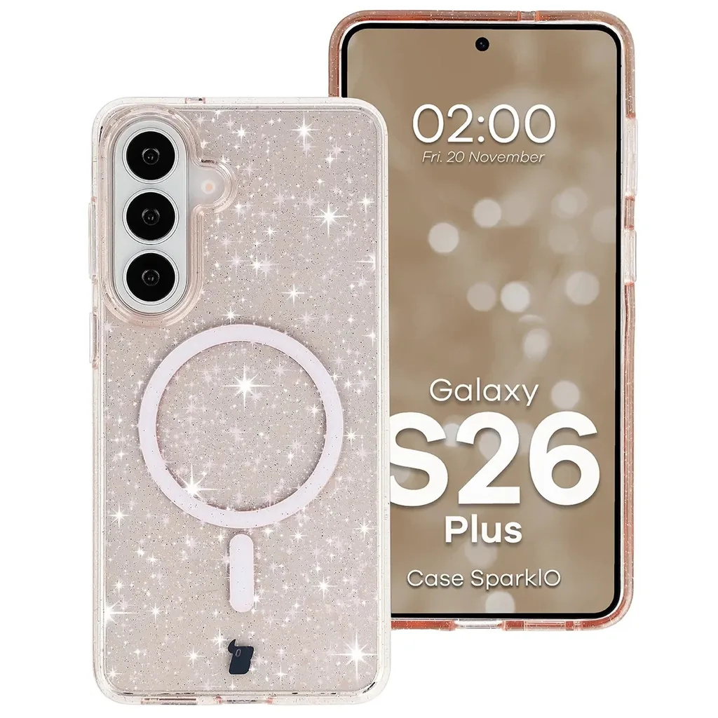 Kryt Bizon Case SparklO Magnetic Samsung Galaxy S26 Plus, translucent bright orange with glitter