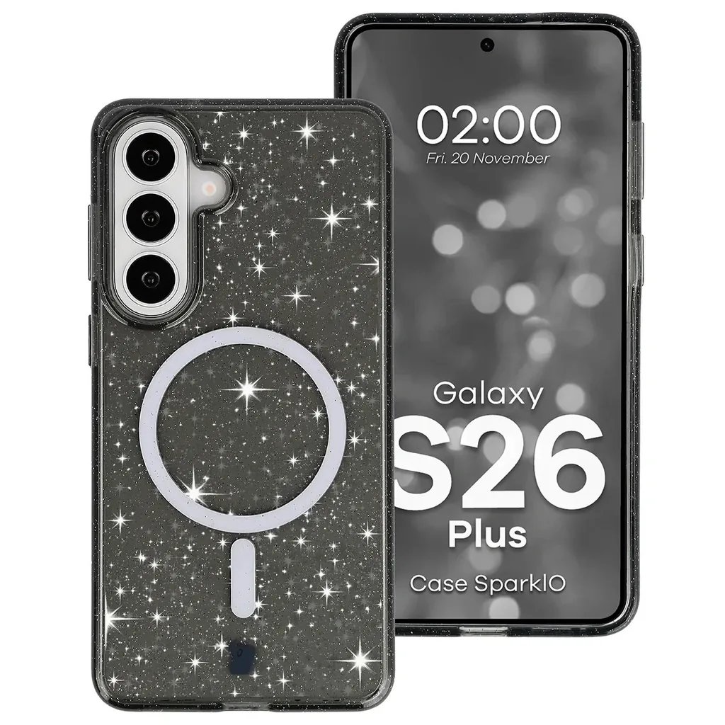Kryt Bizon Case SparklO Magnetic Samsung Galaxy S26 Plus, transparent-black with glitter