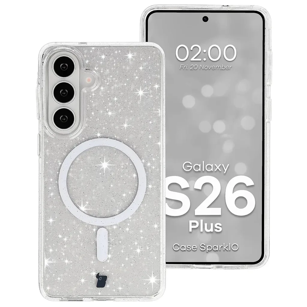Kryt Bizon Case SparklO Magnetic Samsung Galaxy S26 Plus, transparent with glitter