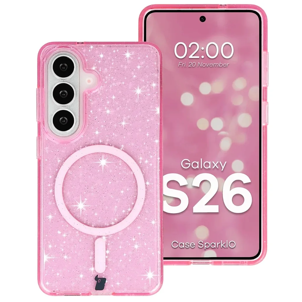 Kryt Bizon Case SparklO Magnetic Samsung Galaxy S26, translucent-pink with glitter