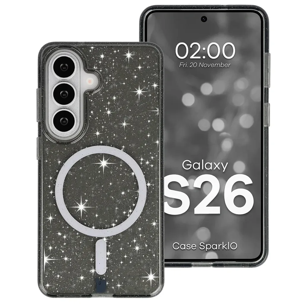 Kryt Bizon Case SparklO Magnetic Samsung Galaxy S26, transparent-black with glitter