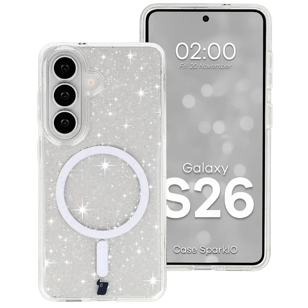 Kryt Bizon Case SparklO Magnetic Samsung Galaxy S26, transparent with glitter