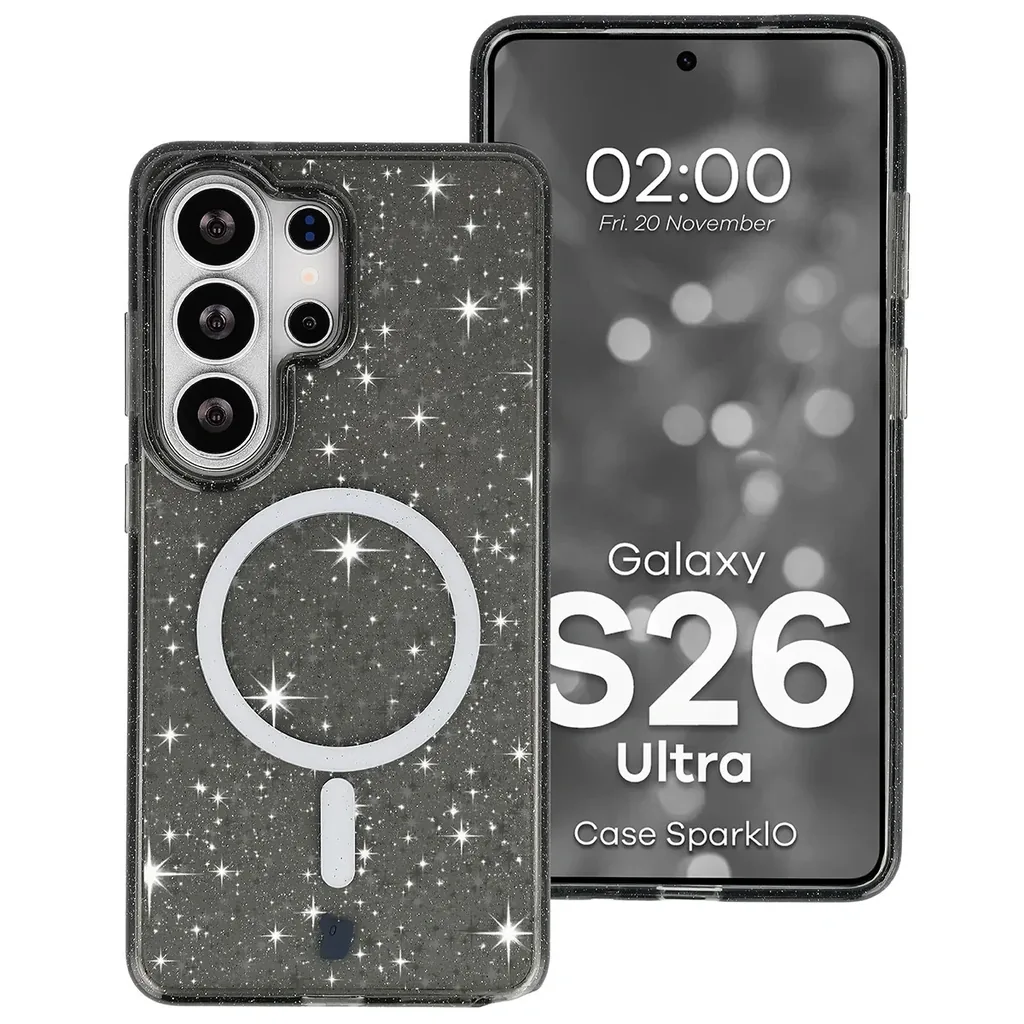 Kryt Bizon Case SparklO Magnetic Samsung Galaxy S26 Ultra, transparent-black with glitter