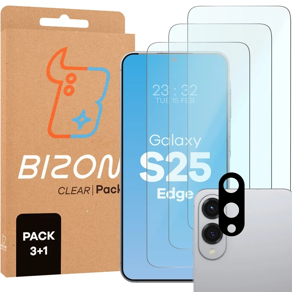 Kryt BIZON Clear 2 Pack 3x screen glass + lens glass Samsung Galaxy S25 Edge