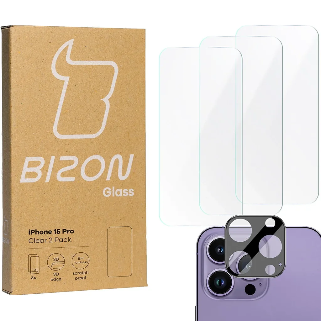 Kryt BIZON Clear 3x screen glass + camera glass Apple iPhone 15 Pro