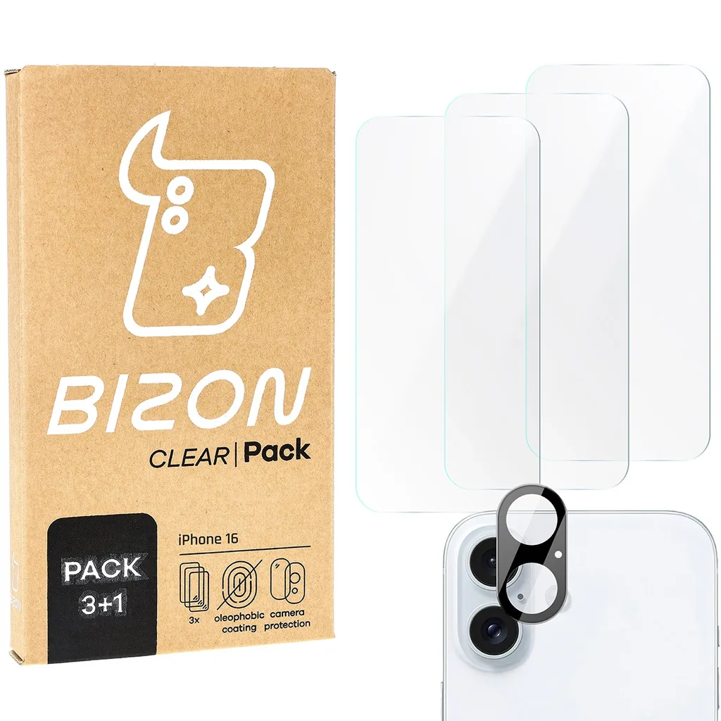 Kryt BIZON Clear 3x screen glass + camera glass Apple iPhone 16