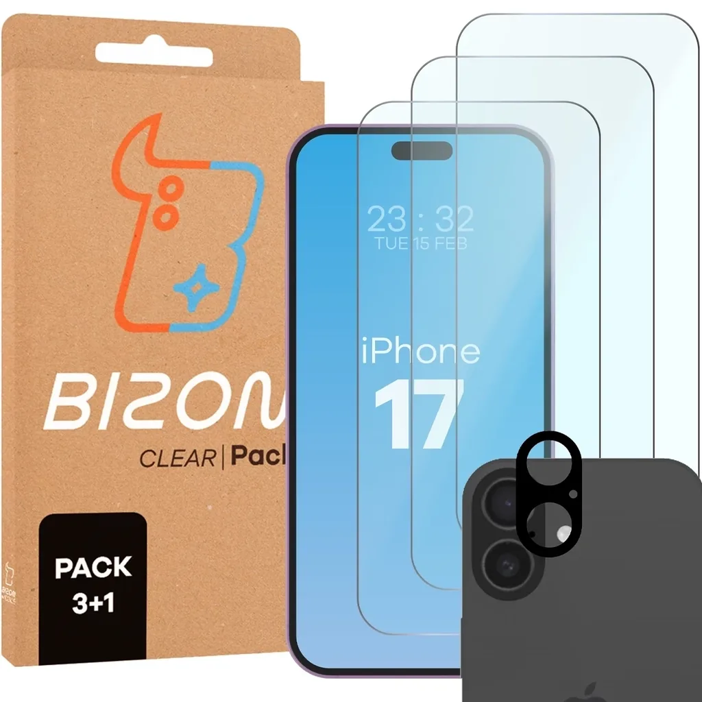 Kryt BIZON Clear 3x screen glass + camera glass Apple iPhone 17