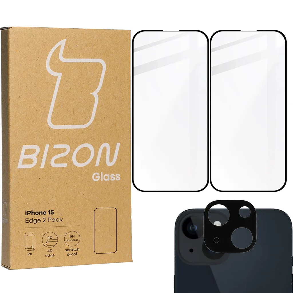 Kryt BIZON Edge 2x screen glass + camera glass Apple iPhone 15