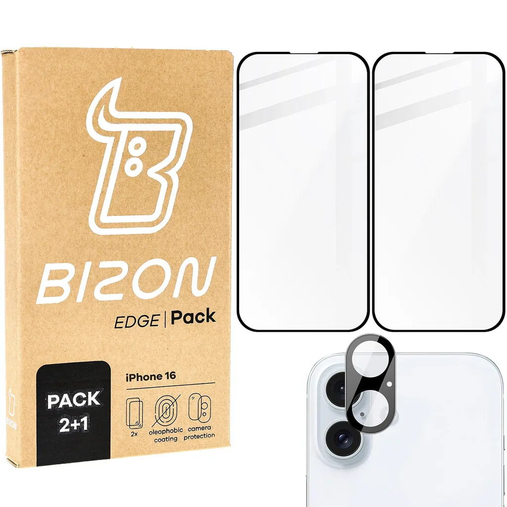 Kryt Bizon Edge 2x tempered screen glass with frame + camera glass Apple iPhone 16