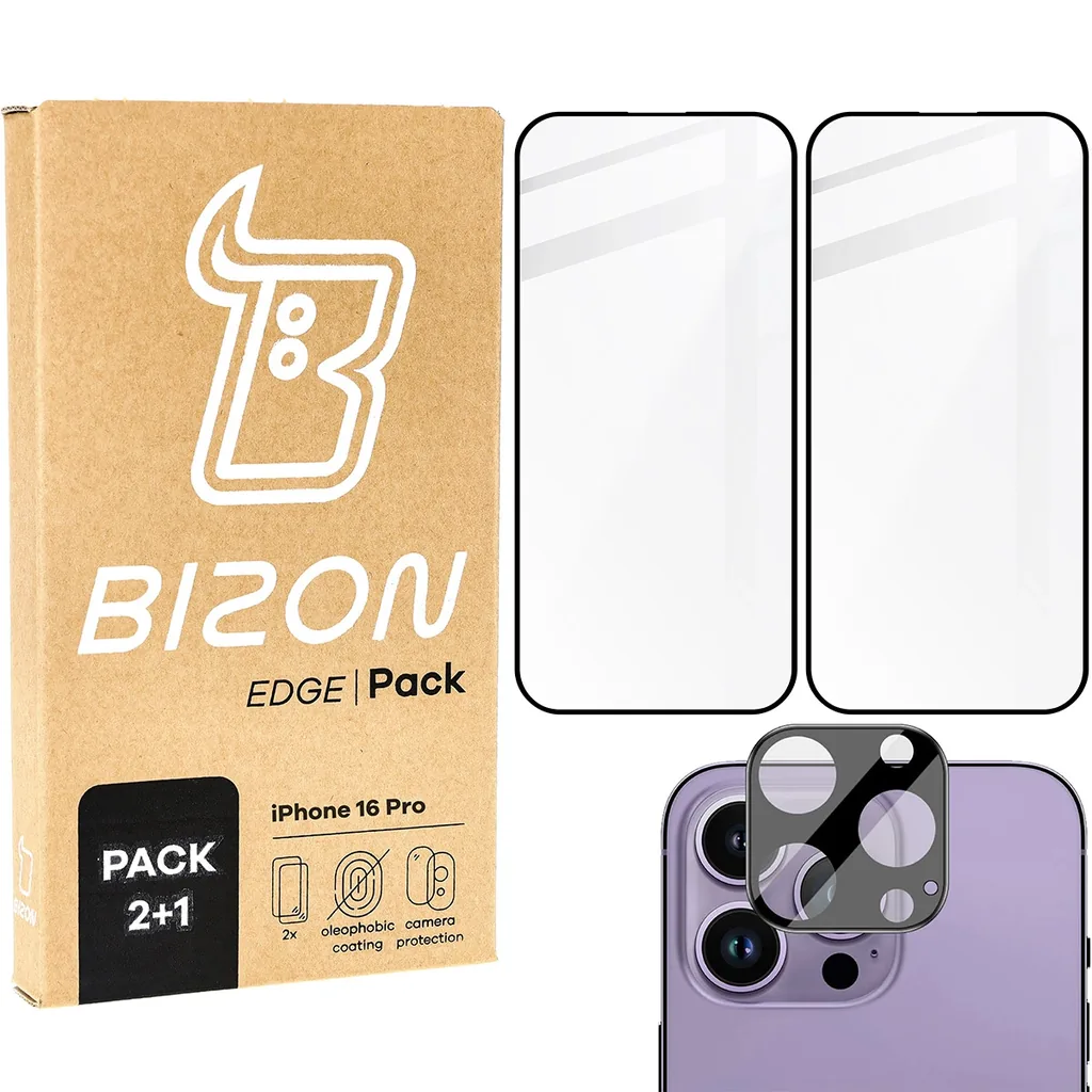 Kryt Bizon Edge 2x tempered screen glass with frame + camera glass Apple iPhone 16 Pro