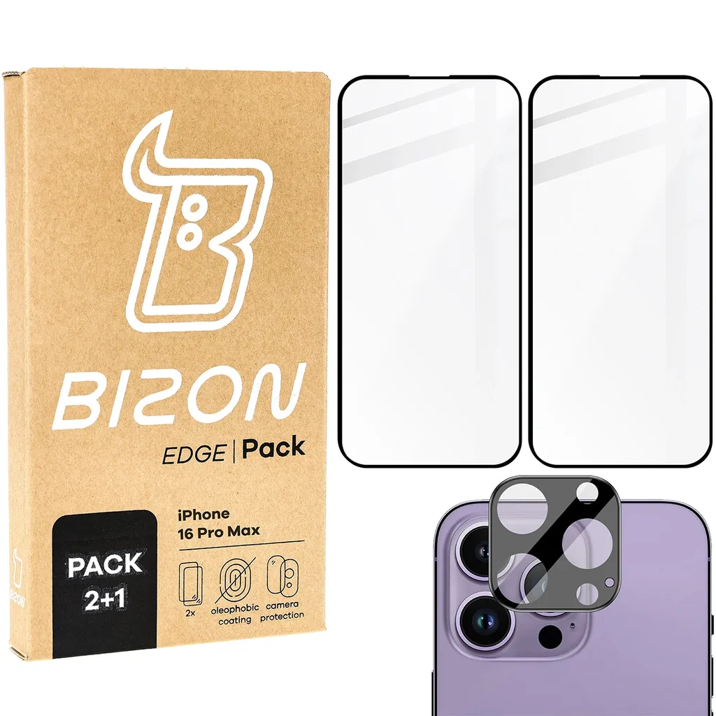 Kryt Bizon Edge 2x tempered screen glass with frame + camera glass Apple iPhone 16 Pro Max