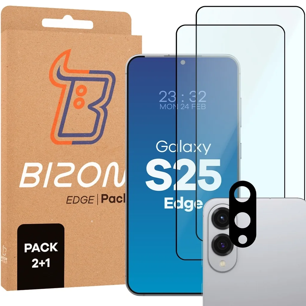 Kryt BIZON Edge Pack 2x screen glass + camera glass Samsung Galaxy S25 Edge