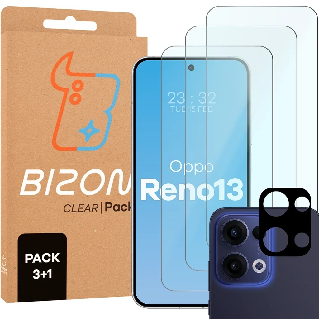 Ochranné sklo Bizon Glass Clear 2 Pack 3x tempered glass + 1x lens protection Oppo Reno13