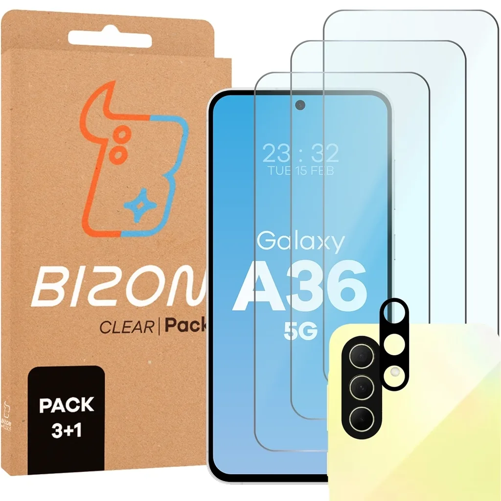 Ochranné sklo Bizon Glass Clear 2 Pack 3x tempered glass + 1x lens protection Samsung Galaxy A36 5G