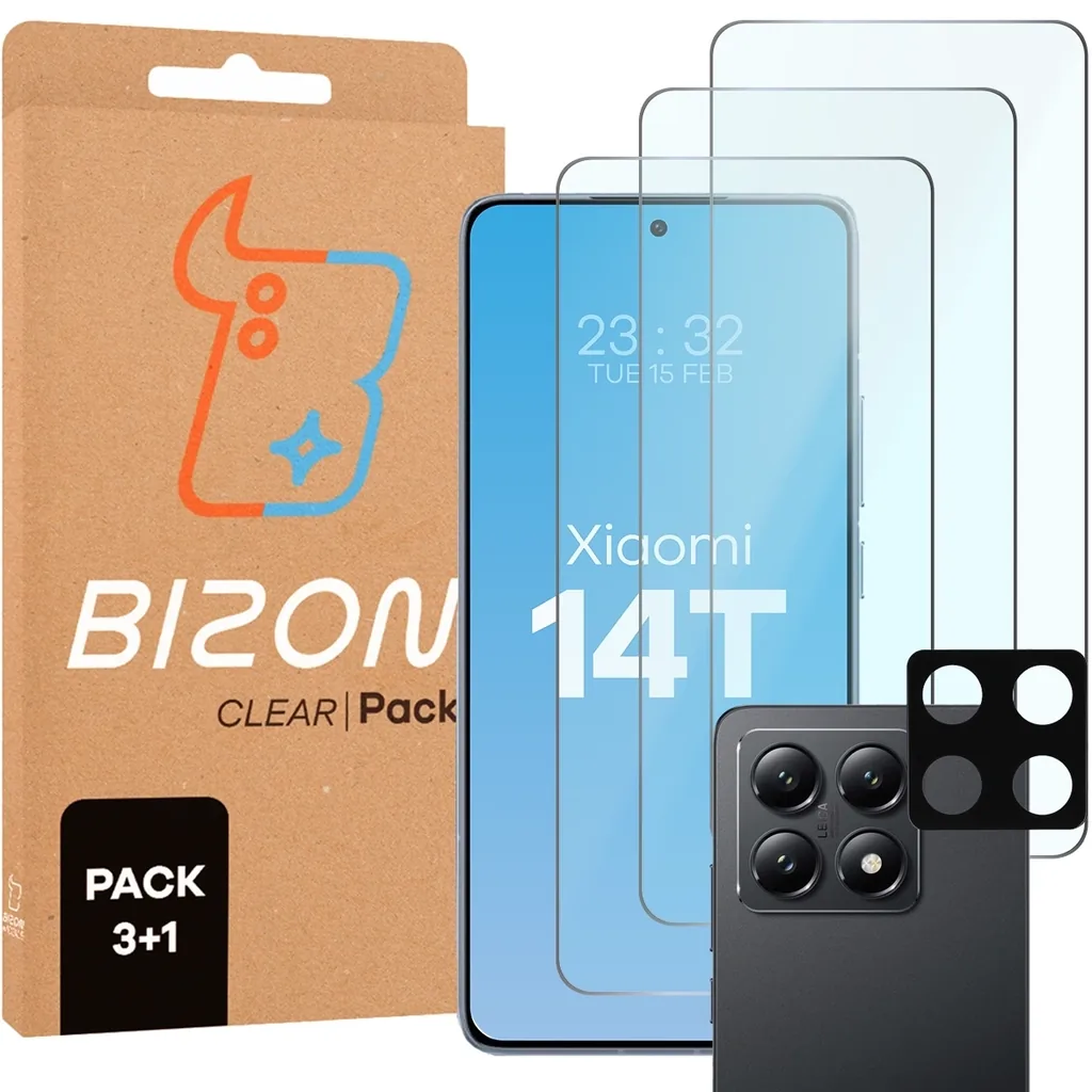 Ochranné sklo Bizon Glass Clear 2 Pack 3x tempered glass + 1x lens protection Xiaomi 14T