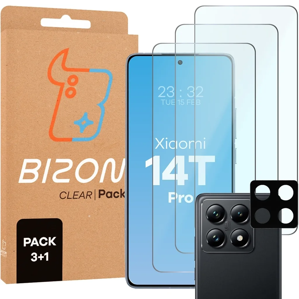 Ochranné sklo Bizon Glass Clear 2 Pack 3x tempered glass + 1x lens protection Xiaomi 14T Pro